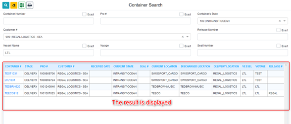 Container Master Data List Container Search Result