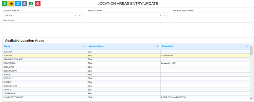 LocationAreas Entry/Update